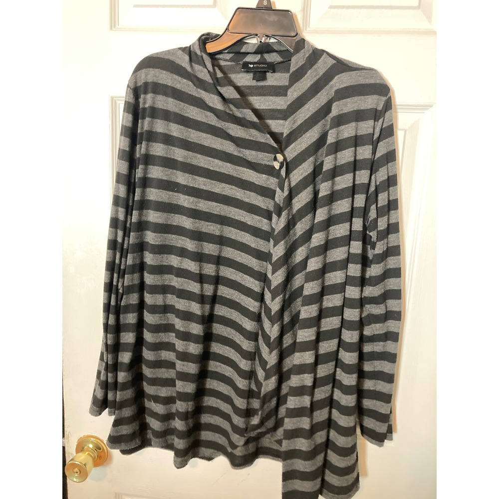 AB Studio Womens XL Cardigan Sweater Black Grey Striped Draped Button Front Knit